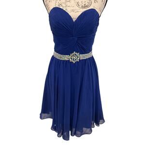 Cinderella Divine Navy Sleeveless Beddazzled Ruched Chiffon A-Line Short Dress 6